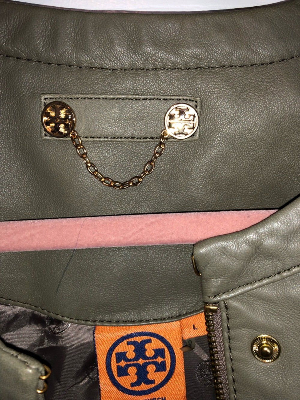 Tory Burch Olive Green Mixed-Media Leather Jacket with Knit Trim - Picture 4 of 8